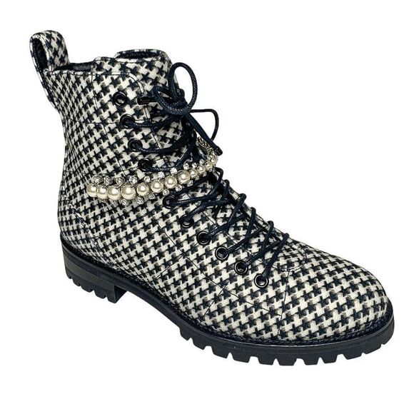 Jimmy Choo Cruz Black White Houndstooth Embellished Combat Lace-Up Boots EU 37 - Picture 1 of 10